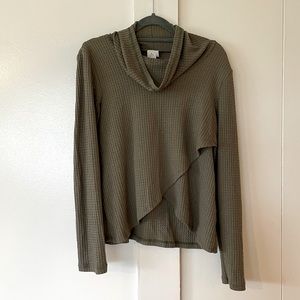 Olive green waffle knit cowl neck long sleeve top